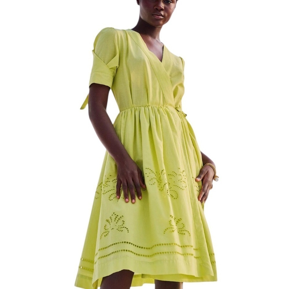 Lace Midi V-Neck Dress Yellow Cotton Small NWT